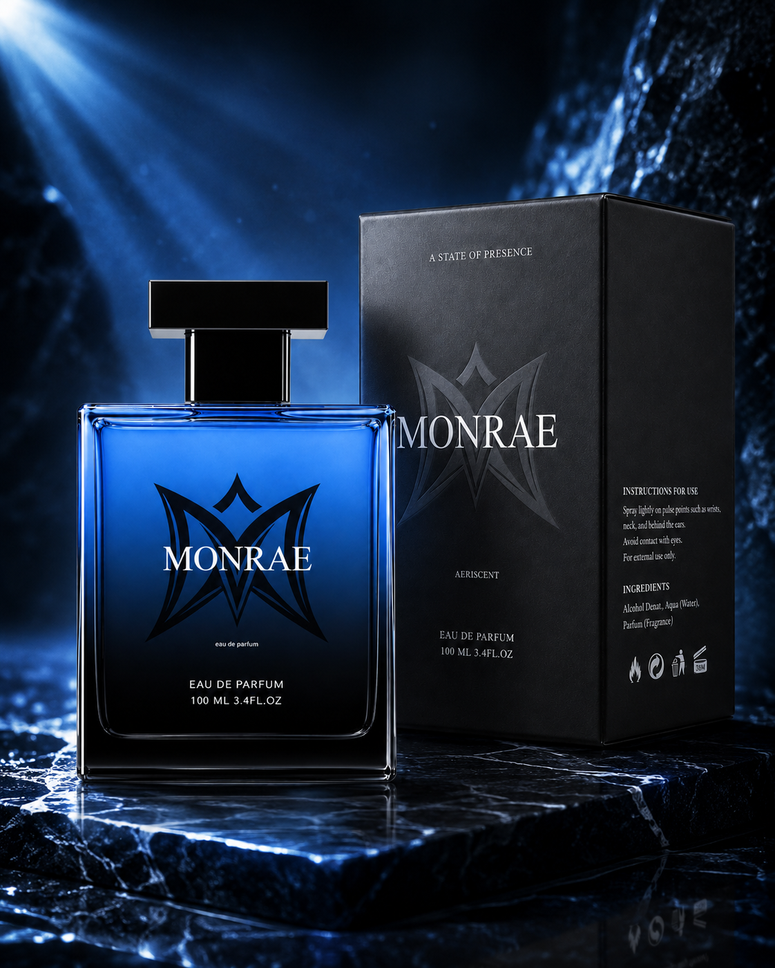 Frasco y caja de MONRAE con iluminacion azul de lujo